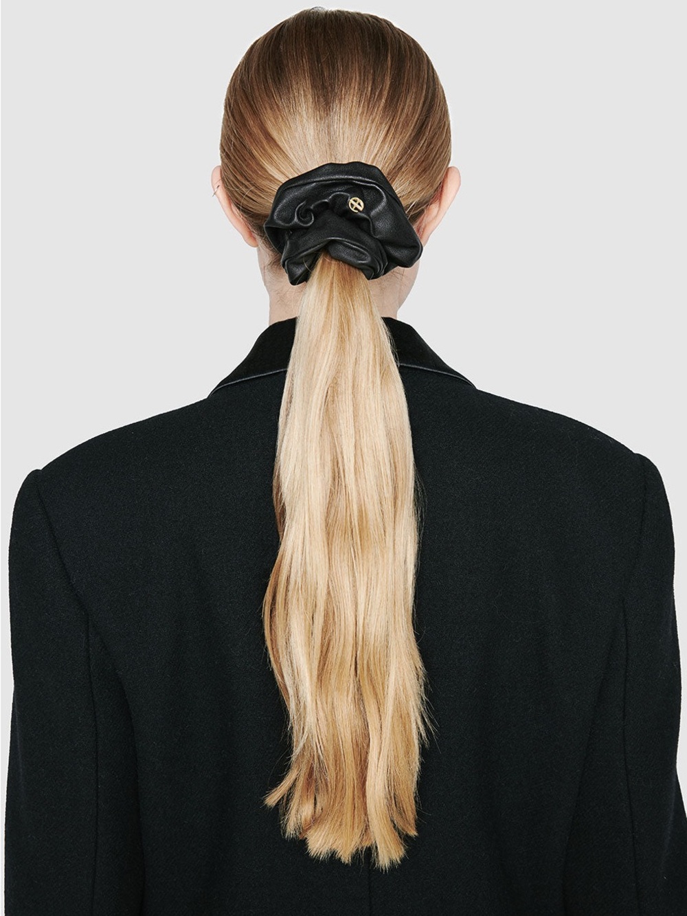 Anine Bing Black Leather Gwen Scrunchie 2 pack with Gold Logo Accent $90